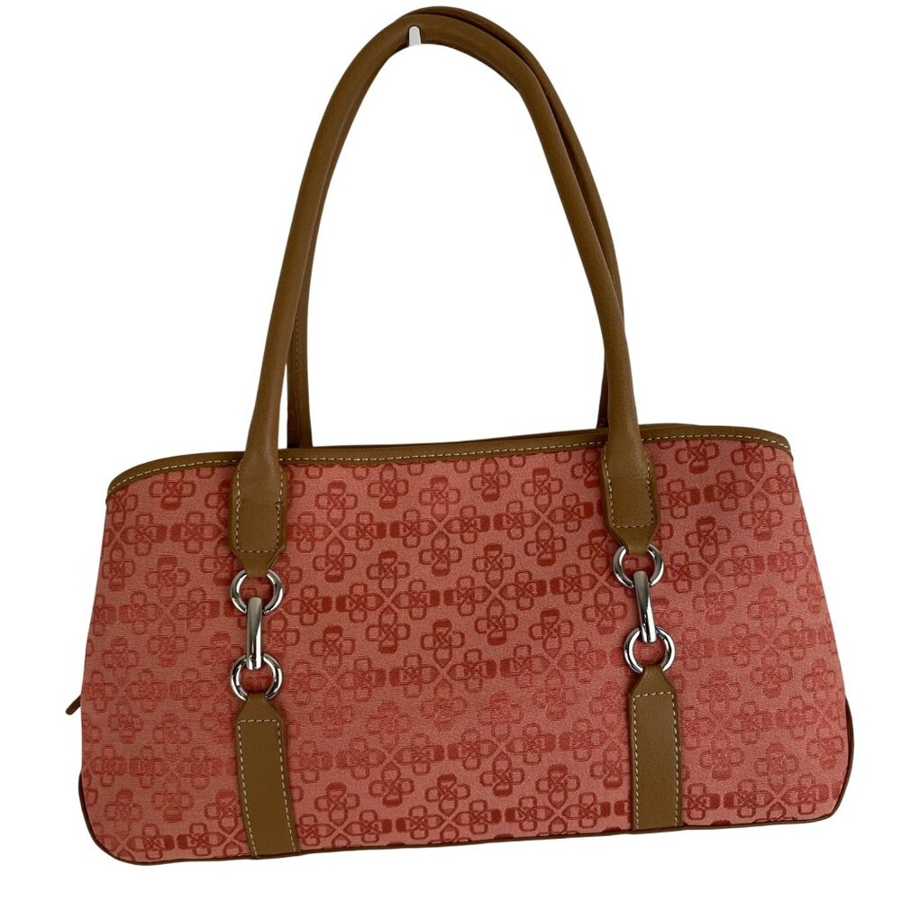 Croft & Barrow Pink Print Canvas Shoulder Bag Tan Faux Leather Handles - Picture 2 of 16